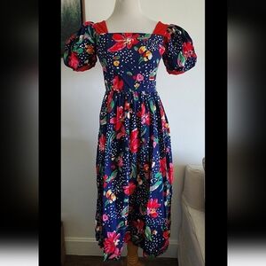 #90 Vintage AINTREE Women's Blue Red Floral Ballon Sleeve Dress Back Bows Sz S